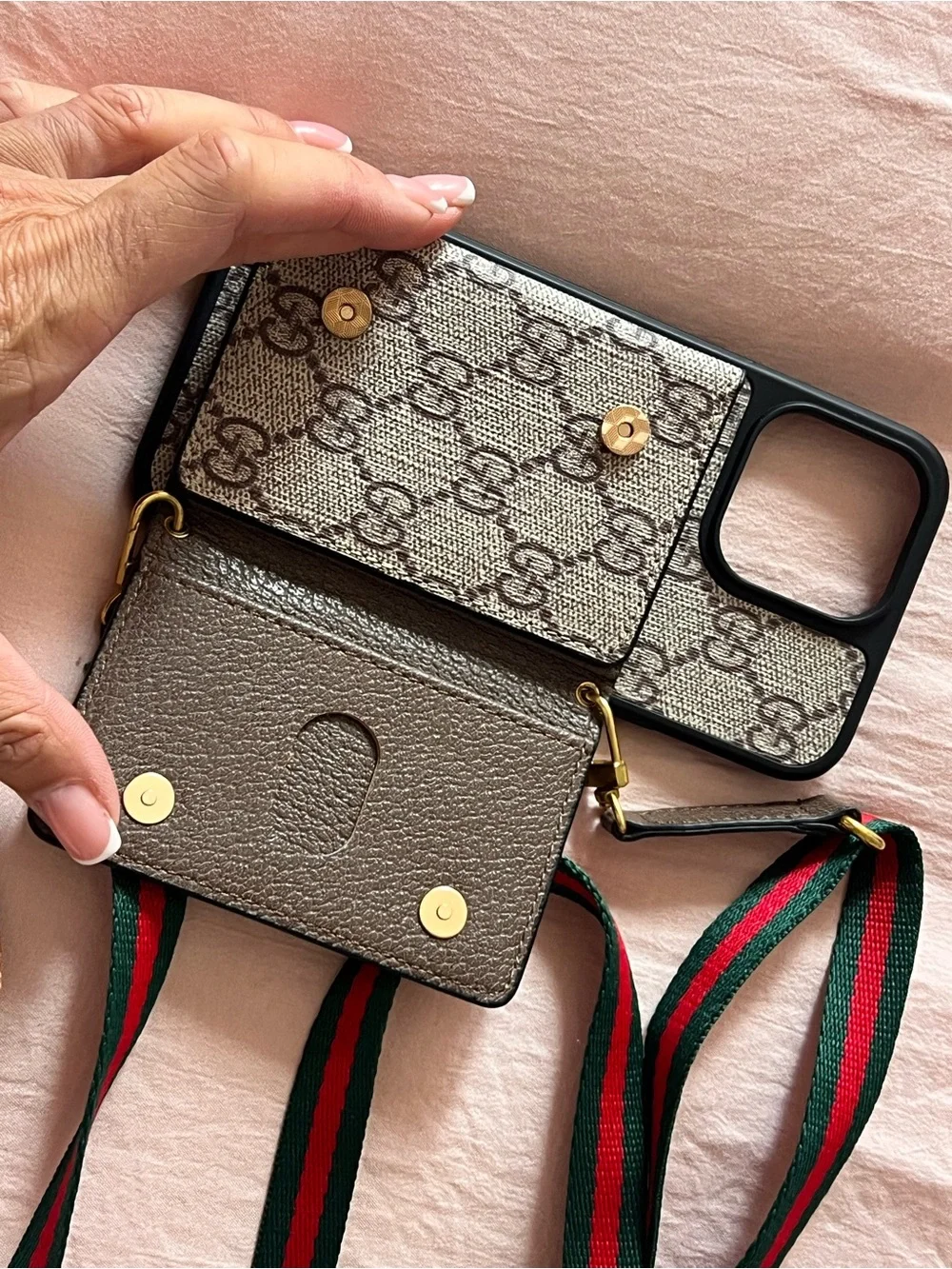 Gucci like Beige Monogram Phone Case with Signature Green and Red Web Strap for